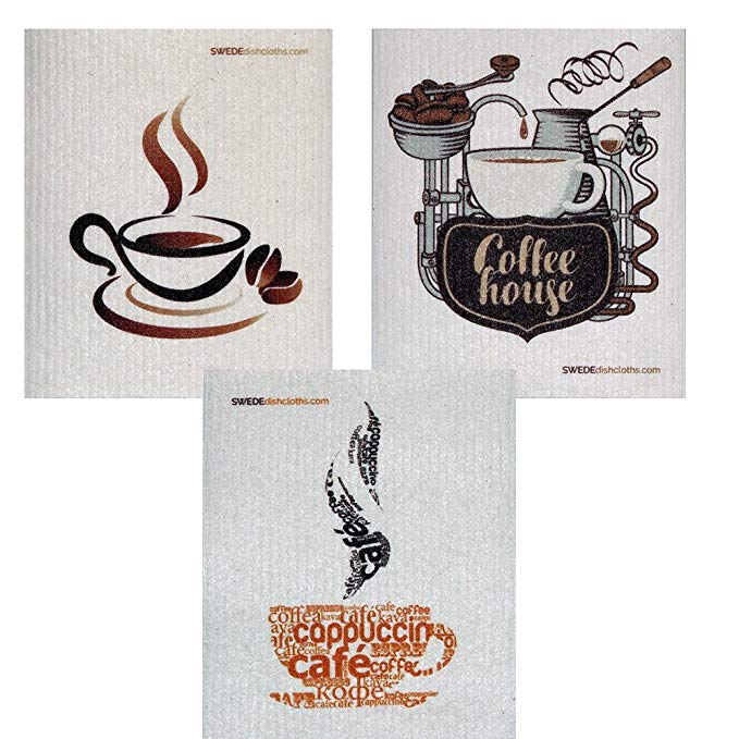 Mixed Coffee Set of 3 cloths (one of each design) Swedish Dishcloths | ECO Friendly Absorbent Cleaning Cloth | Reusable Cleaning Wipes