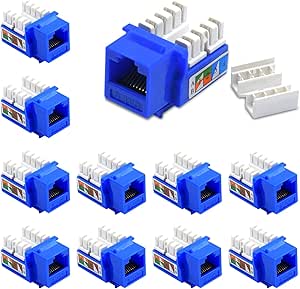 NewYork Cables 90 Degree Punchdown Keystone Jack| CAT5e/CAT6 Compatible| Keystones for Patch Panels| Cat 6 Network Coupler| Ethernet Wall Jack | Pack of 10, Half Blue and White