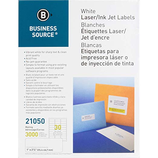 Business Source™ Mailing Laser Label, 1x2-5/8, 3000/PK, White
