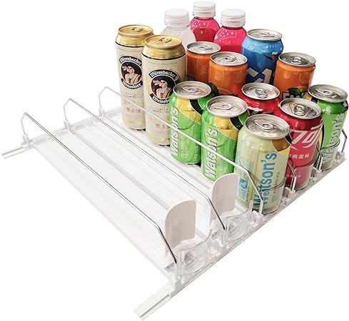 Refrigerator Can Organizer,Drink Organizer for Fridge, Self Pushing Soda Can Organizer for Refrigerator,Width Adjustable,Beer Pop Can Water Bottle Storage for Pantry, Kitchen-White, 5 Row