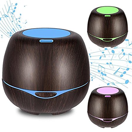 Aromatherapy Essential Oil Diffuser with Bluetooth Speaker,iTavah Ultrasonic Cool Mist Humidifier with Adjustable Mist Mode,7 Color LED Light,Auto Shut-off when Empty,Dark Wood Grain,300ml