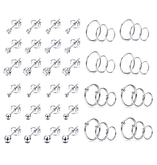 Milacolato 12-24 Pairs Tiny Stainless Steel Stud Earrings For Mens Womens Small Endless Hoops Earrings Set CZ Ball Stud For Lip Tragus Cartilage Piercing Jewlry