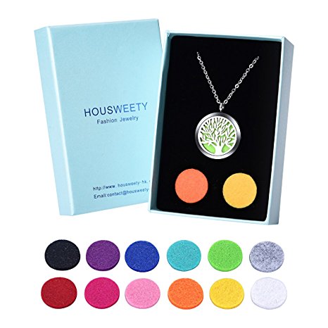 HOUSWEETY Aromatherapy Essential Oil Diffuser Necklace-Stainless Steel Tree of Life Locket Pendant,12 Refill Pads (Non-Engraving, Luxury Box)