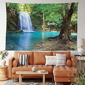 Ambesonne Woodland Tapestry King Size, Waterfall Asia Thailand Jungle Tropic Plants Trees Tourist Attraction, Wall Hanging Bedspread Bed Cover Wall Decor, 104" X 88", Turquoise Green