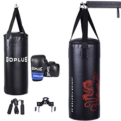 Gymax Boxing Punching Bag Set w/Punch Bag, Gloves, Jump Rope, Mount Hook Hanger, Punching Bag Boxing Gloves for Kids