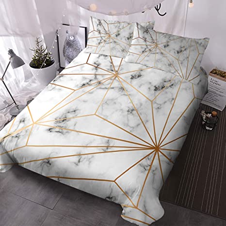 Blessliving Marble Duvet Cover Marble Pattern Bedding 3 Pieces White Gray and Gold Geometrical Bed Set Nordic Bedding Set Modern Bedroom Decor (Queen)