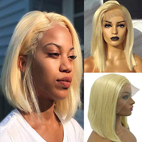 Myfashionhair Front Lace Wig 613 Silky Straight Human Hair Wig 8 inch 180% Density Real Hair Wigs with 13x4 Swiss Lace and Adjustable Cap, Pre Plucked Wigs for Women Human Hair (#613)