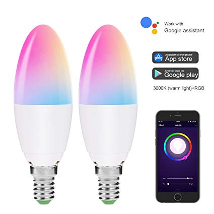 LOHAS E14 WiFi LED Candle Bulbs, Works with Alexa and Google Home, 5W Equal to 40W LED Bulb, RGB Warm White Colour Changing Mood Light, Controlled by Smart Devices, No Hub Required, 2 Pack
