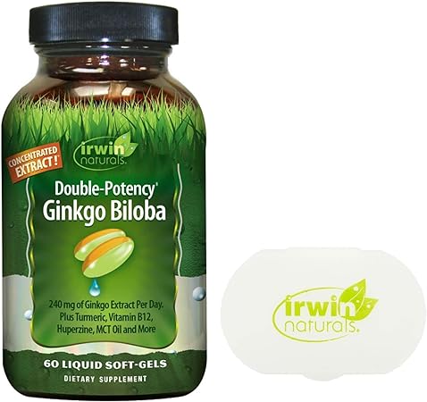 Irwin Naturals Double Potency Ginkgo Biloba Enhance Memory, Mental Focus, Energy, 60 Liquid Softgels Bundle with a Pill Case