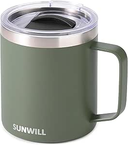 SUNWILL Travel Coffee Mug with Lid, Stainless Steel Coffee Mug, 14oz Reusable Insulated Cup with Handle for Home, Office, Camping, Powder Coated Camp Green