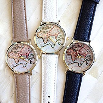 U-beauty Unisex Men Women Lady Girls World Map China Map Leather Watches Quartz Wristwatch (Beige)