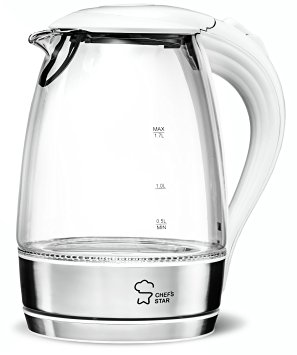 Chef's Star Borosilicate Glass Electric Kettle, 1.7 Liter (White & Stainless Steel) Electric Tea Kettle