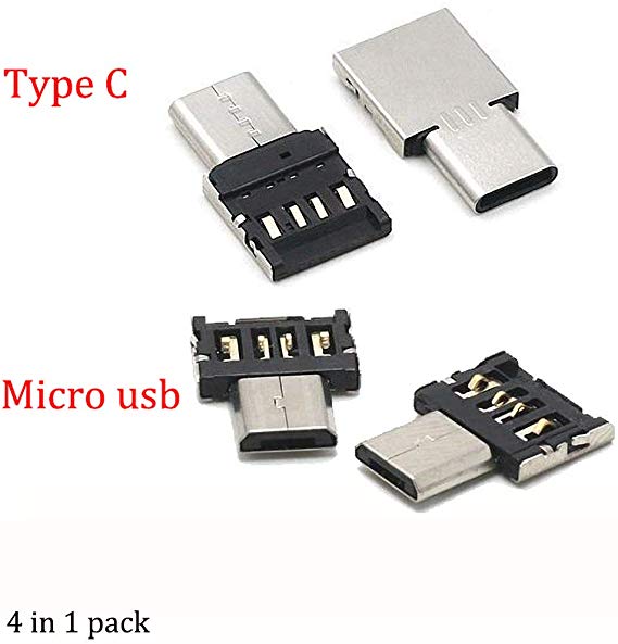 On the Go Adapter，OTG adapter USB type C to usb 2.0 adapter (2 pcs) and Micro usb to usb 2.0 adapter (2 pcs) mini adapter Compatible for Samsung/iPad/Android/MacBook and Computer