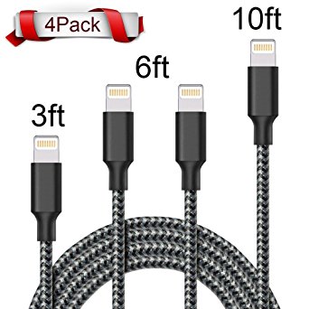 AOFU Lightning Cable,iPhone Cable iPhone Charger 4Pack 3FT 6FT 6FT 10FT Extra Long Nylon Braided Cord to USB Charging for iPad,iPod Nano 7 iPhone 7/7 Plus/6/6 Plus/6S/6S Plus,SE/5S/5 (Black White)