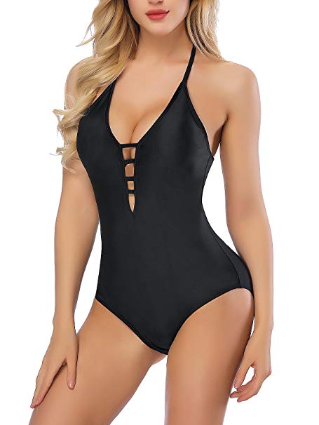 Kyson Women One Piece Swimsuit Bathing Suit Deep V-Neckline with Open Back Bikini Swimwear Set