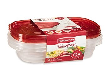 Rubbermaid TakeAlongs Rectangle Food Storage Container, Divided Dishes, 3 Pack, Red