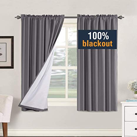 100% Blackout Grey Curtains for Bedroom 63 inch Long, Waterproof Thermal Insulated Rod Pocket Cotton Finishing Curtains, Window Curtains Panels for Living Room, 2 Panels, 2 Bonus Tie-Backs