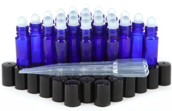 24 New, High Quality, Cobalt Blue, 10 ml Glass Roll On Bottles with 3 - 3 ml Dropper's