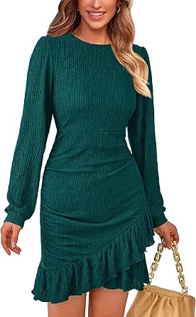 PRETTYGARDEN Women's Fall Ruched Bodycon Mini Dress Long Puff Sleeve Ruffle Fitted Cocktail Party Dresses