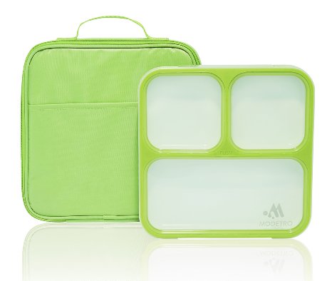 Bento Lunch Box - 3 Portion Control Leak Proof Compartments - Includes Matching Adult Insulated Lunch Bag - Ultra Slim Lunchbox Container Green