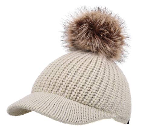 Arctic Paw Kids Cable Knit Beanie with Faux Fur Pompom and Brim Shade