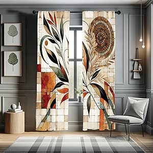 Ambesonne Boho Window Curtains, Oriental Autumn Tones Abstract Mandala Flower and Swirling Leafy Branch, Lightweight Decorative 2-Panel Set & Rod Pocket, Pair of - 28" x 84", Beige Orange Laurel Green