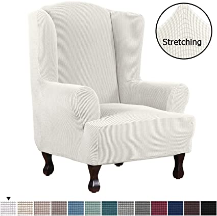 1 Piece Super Stretch Stylish Furniture Cover/Wingback Chair Cover Slipcover Spandex Jacquard Checked Pattern, Super Soft Slipcover Machine Washable/Skid Resistance (Wing Chair, Ivory White)