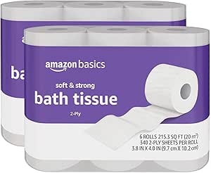 Amazon Basics Soft and Strong 2-Ply Toilet Paper, 12 Ultra Rolls = 48 Regular Rolls, Unscented, 340 Sheet (2 Packs of 6)