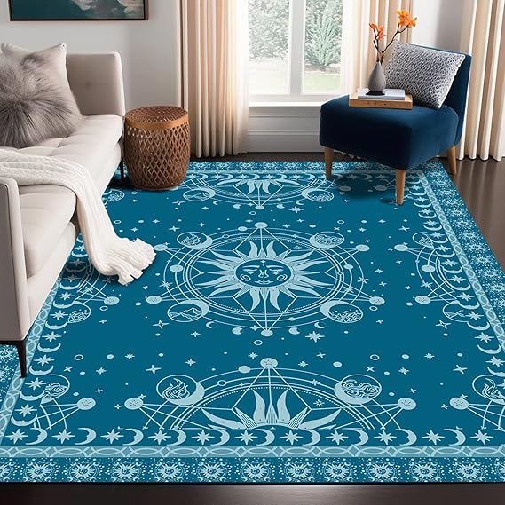 Sun and Moon Rug Boho Celestial Area Rugs for Bedroom Dorm Living Room Bohemian Occult Crescent Solar Stars Galaxy Floor Mat Pad Doormat Carpet,63" X 31",Blue Sapphire