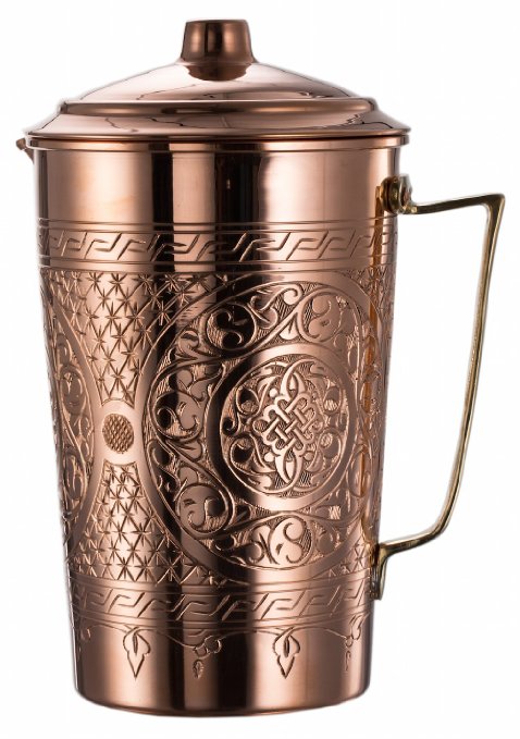 New* CopperBull 2017 Heavy Gauge 1mm Solid Hammered Copper Water Moscow Mule Serving Pitcher Jug with Lid, 2.2-Quart (Engraved Copper)