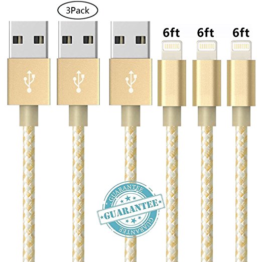 DANTENG Lightning Cable, 3Pack 6FT Extra Long Nylon Braided Charging Cord Certified To USB iPhone Charger For iPhone 7,5,5S,6,6S,6 Plus,iPad Air,Mini,iPod (EarthGold)