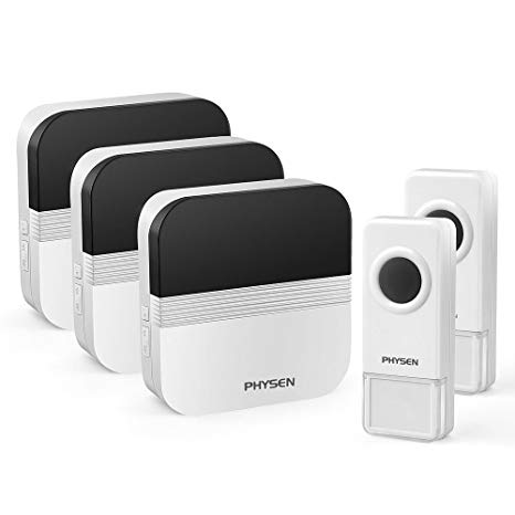 Waterproof Wireless Doorbell PHYSEN B7 Door Bell Door Chime,2 Push Buttons & 3 Plug In Receivers,Operating up to 1000 Feet Range,4 Adjustable Volume Levels with 52 Chimes for Home/Office/Stores