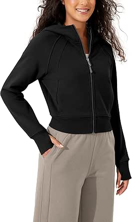 ODODOS Full-Zip Cropped Hoodies for Women Fleece Lined Long Sleeve Crop Sweatshirts with Thumb Hole