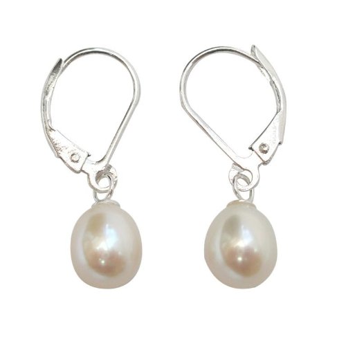 Cultured Freshwater White Pearl Sterling Silver Leverback earrings presented in a pretty satin silk pouch with a gift card