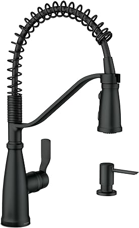 Moen Nolia Matte Black One-Handle Pre-Rinse Spring Kitchen Faucet with Pull Down Sprayer, Single Hole Kitchen Sink Faucet with Soap Dispenser, 87886BL