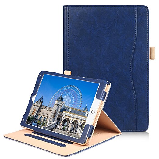Soweiek New iPad 9.7 2017 / iPad Air/Air 2 Folio Case - Premium Leather Flip Stand Smart Cover Auto Wake / Sleep with Hand Strap, Stylus Holder and Card Pocket, Navy Blue