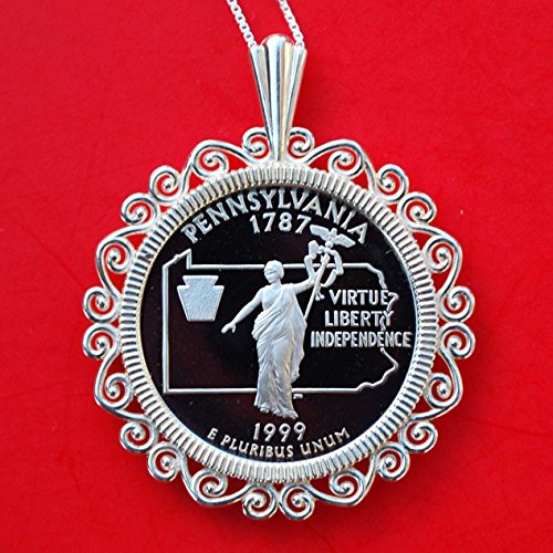 US 1999 Pennsylvania State Quarter 90% Silver Proof Coin Soild 925 Sterling Silver Necklace w. 20" Sterling Silver Chain NEW