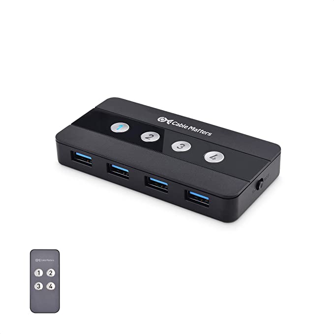 Cable Matters 4 Port USB 3.0 Switch Hub USB Sharing Switch for 4 Computers and USB Peripherals - Button or Wireless Remote Control Swapping - Includes USB-C Adapter for USB-C and Thunderbolt 3
