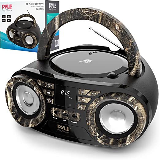 Portable CD Player Bluetooth Boombox Speaker - AM/FM Stereo Radio & High Quality Audio Sound, Supports CD-R-RW/MP3/WMA, USB, AUX, Headphone, LED Display, AC/Battery Powered, Real Tree - Pyle PHCD55