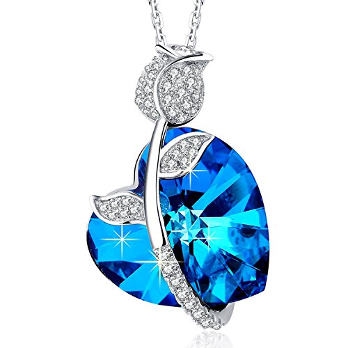 MEGA CREATIVE JEWELRY 925 Sterling Silver "Royal Rose" Blue Heart Pendant Necklace Made with Swarovski Crystals, Jewelry for Women, Mothers Day Gifts