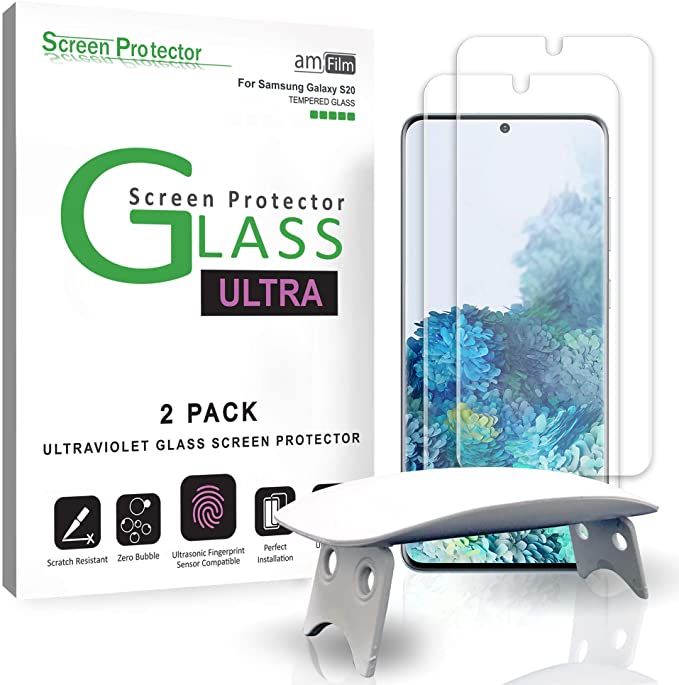 amFilm Ultra Glass Screen Protector for Galaxy S20 (2 Pack), Full Cover (Fingerprint Scanner Compatible) Tempered Glass Film (UV Gel Application) - Samsung Galaxy S20 Screen Protector (2020)