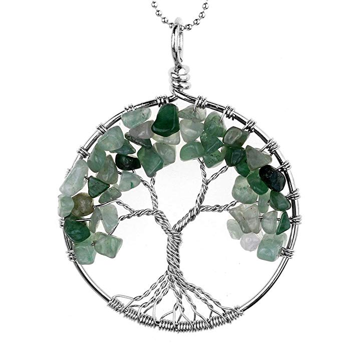Jovivi Natural Amethyst Rose Quartz Necklace Tree of Life Chakra Raw Crystal Quartz Gemstone Wire Wrapped Pendant Necklace Women Jewellery