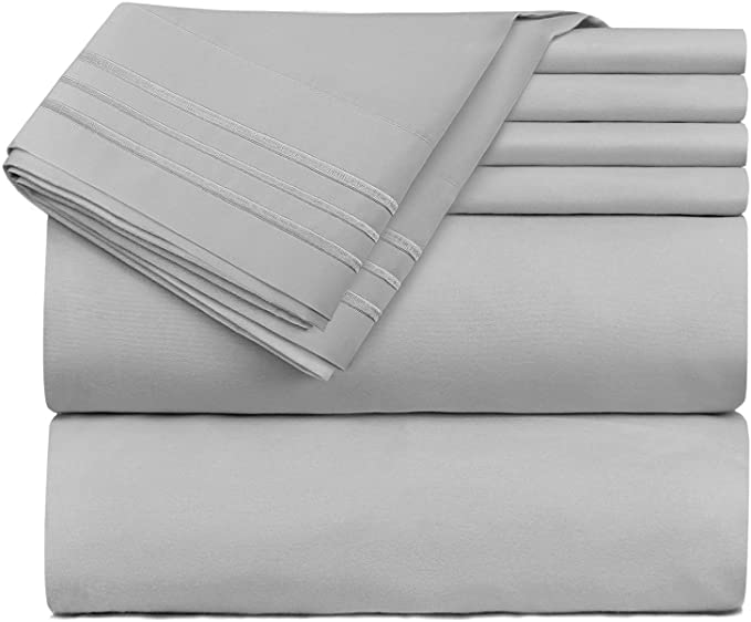 Nestl Solid Queen Sheet Set - 6 Piece Soft Deep Pocket Bed Sheets - 1 Fitted Sheet, 1 Flat Sheet, 2 Pillowcases with Lines and 2 Without Lines - Shrinkage and Fade Resistant (Queen, Light Grey)