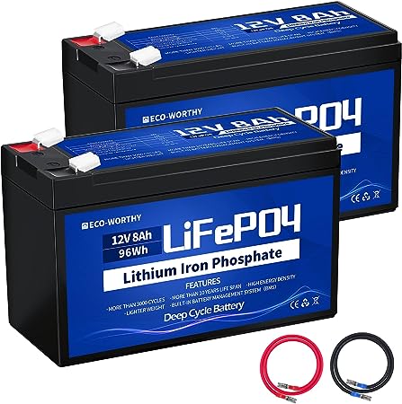 ECO-WORTHY (2 pack) 12V 8Ah LiFePO4 Lithium Iron Phosphate Deep Cycle Rechargeable Battery with Built-in BMS, Perfect for Trolling Motor, Kids Scooters, Fishfinder, Ham Radio, Power Wheels, Lawn Mower