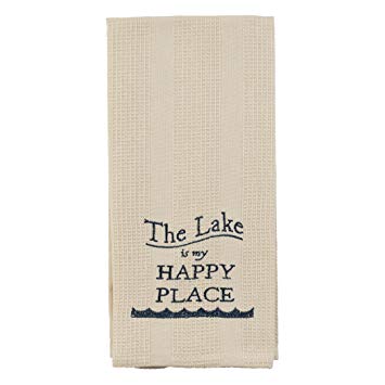 Cream The Lake is My Happy Place 19 x 28 Inch Embroidered Cotton Waffle Dish Towel