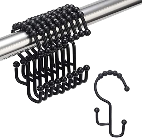 Amazer Shower Curtain Hooks with Double Different Heights, Stainless Steel Rust-Resistant Easily-Glide Shower Rings for Bathroom Shower Rods Curtains, Black, Set of 12 Hooks