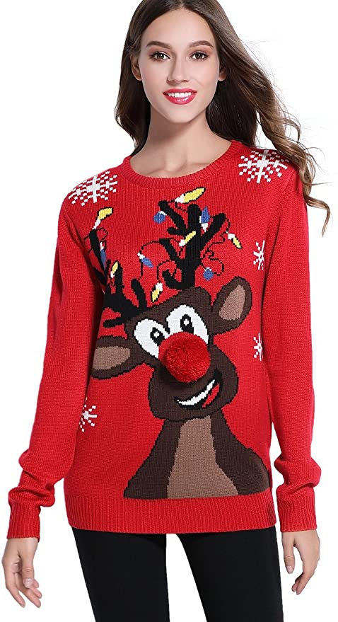 Women's Christmas Reindeer Themed Knitted Holiday Sweater Girl Pullover