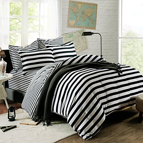 QzzieLife High Quality Microfiber 1500T 4pc Bedding Duvet Cover Sets Striped Black White Size Full/Queen