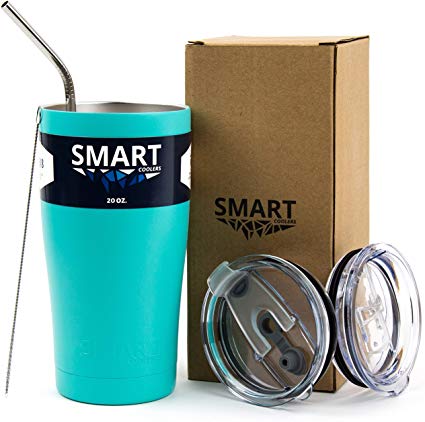 Tumbler 20 Oz Smart Cup Color - Ultra-Tough Double Wall Stainless Steel - Yeti Style - Premium Insulated Mug - Powder Coated - Leak-Proof, Sliding Lid, Straw, Brush & Gift Box - Teal