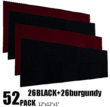 52 Pack 1" x 12" x 12"black/wine red Acoustic Wedge Studio Foam Sound Absorption Wall Panels (black/wine red
